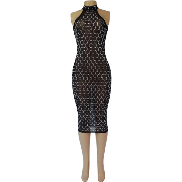 Fashionable women's ironing gauze perspective high neck hip wrap dress dress