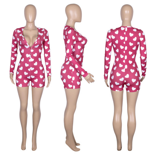 Threaded household wear V-neck printed jumpsuit