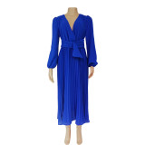 Long sleeve slim pleated belt V-neck European and American dress