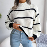 Casual striped lantern sleeve half high neck knitting sweater