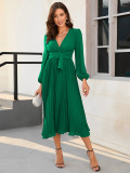 Long sleeve slim pleated belt V-neck European and American dress