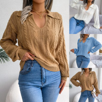 Casual lapel fried dough twist lantern sleeve knitting sweater