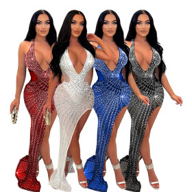 Women's mesh hot drill neck irregular dress dress