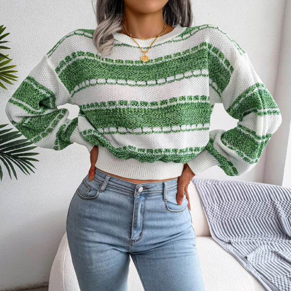 Fashion color contrast long sleeve knitted sweater