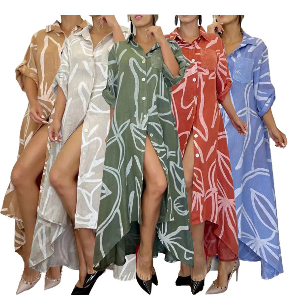 Women's floral shirt collar skirt oversize dress