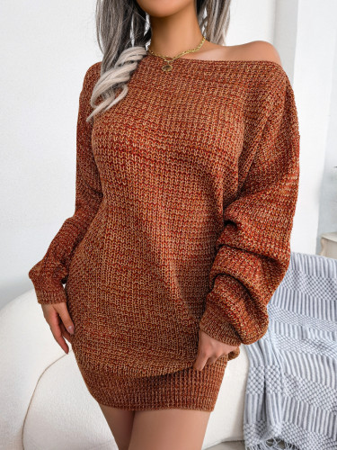 Autumn and winter casual off the shoulder color lantern sleeve knitted wool dress
