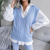Hollow out fried dough twist V-neck knitted vest sweater