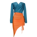 Women's autumn and winter suit Sexy hot girl's pleated color matching autumn dress Women's fashion dress