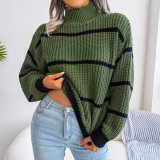 Casual striped lantern sleeve half high neck knitting sweater