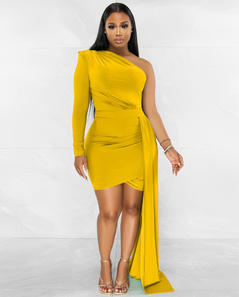 Knitted Dress Women's Party Skinny One Shoulder Sleeve Hip Wrap Dress