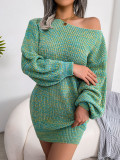 Autumn and winter casual off the shoulder color lantern sleeve knitted wool dress