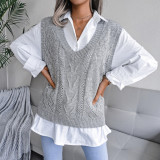 Hollow out fried dough twist V-neck knitted vest sweater