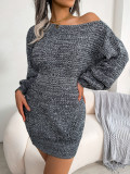 Autumn and winter casual off the shoulder color lantern sleeve knitted wool dress