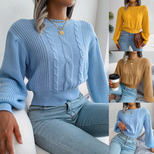 Casual fried dough twist lantern sleeve waist knitting sweater