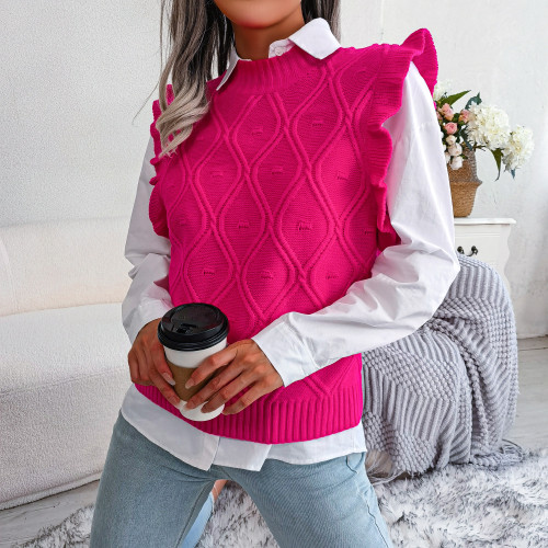 Rhombic knitted vest sweater with wood ear edge