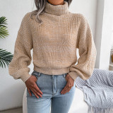 Mixed color lantern long sleeve high neck knitting sweater