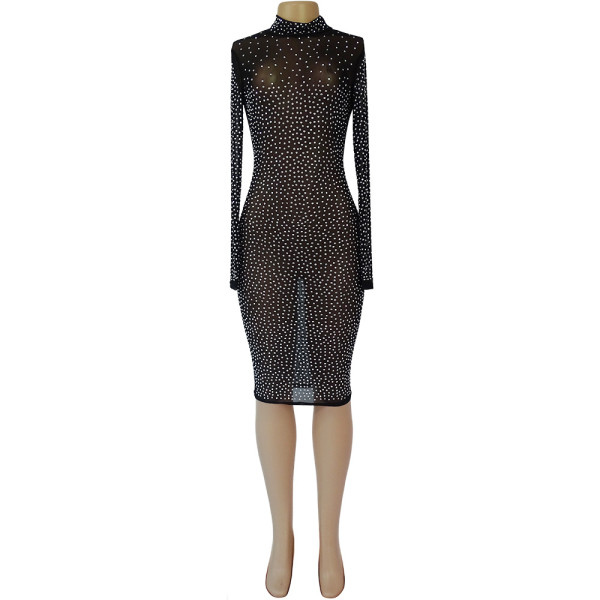 Nightclub Mesh Perspective Hot Drill Pencil Dress Dress