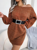 Autumn and winter casual off the shoulder color lantern sleeve knitted wool dress