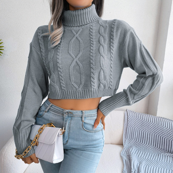 Fashion fried dough twist long sleeve high neck short pullover sweater