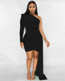 Knitted Dress Women's Party Skinny One Shoulder Sleeve Hip Wrap Dress