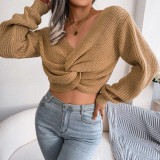 Long sleeve knotted open navel knitting sweater