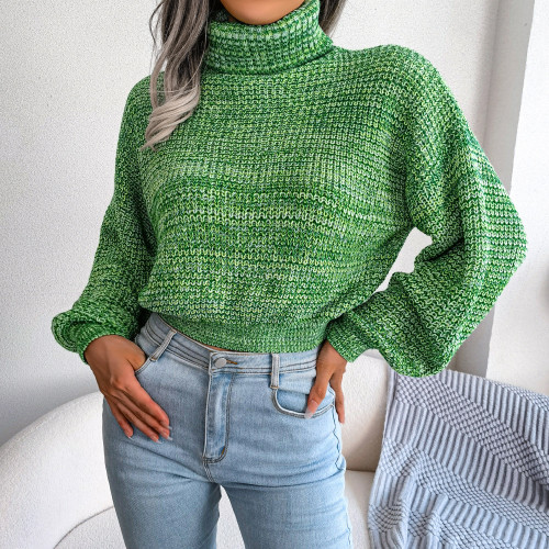 Mixed color lantern long sleeve high neck knitting sweater