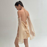Temperament Mesh Sleeves Open Back Dress Sexy Fashion Pure Desire to Shrink Pleated Hip Wrap Dress