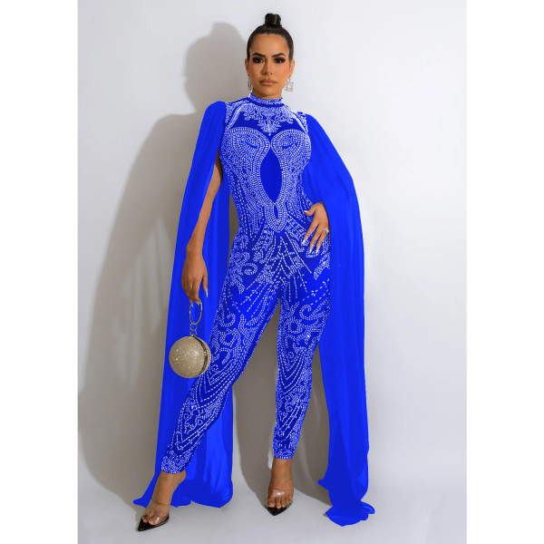 Fashion women's ironing mesh perspective trousers sleeveless shoulder wrap jumpsuit