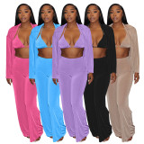 Women's autumn and winter velvet cardigan wide leg trousers sexy three piece set