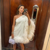 One Shoulder Fur Bottom Cape Dress Sexy Party Off Shoulder Hip Wrap Dress