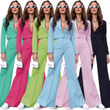 Solid color short long sleeve small suit fashion high waist wide leg pants suit