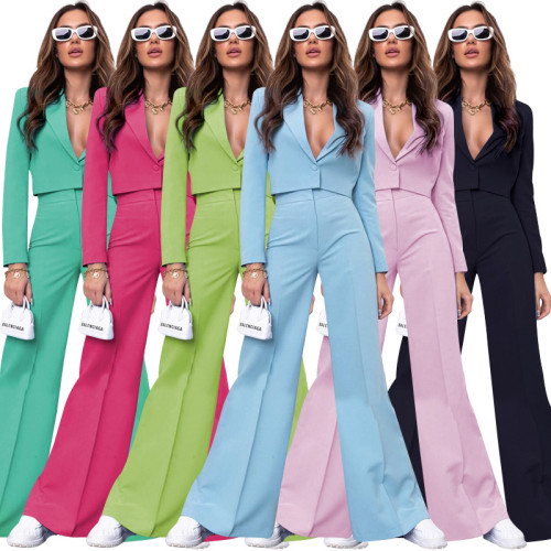 Solid color short long sleeve small suit fashion high waist wide leg pants suit