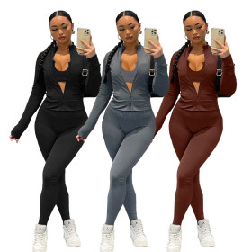 Autumn and winter sports thread U-neck vest coat trousers three piece set
