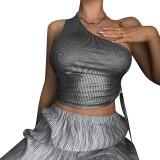 Fashion hot silver diagonal drawstring vest short slim t-shirt