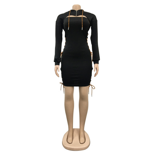 Fashion women's solid color clothes, hats, long sleeves, mid skirts, lace up dresses