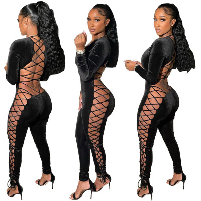 Women's gold velvet strapping explosive jumpsuit LD81080