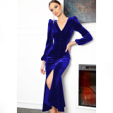 Knitted V-neck shoulder pad long sleeve dress with intellectual temperament