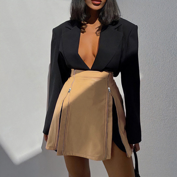 Double zipper half skin skirt Personality street fashion high waist slim skirt