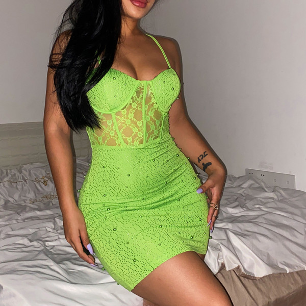 Beaded lace waist strap hip wrap dress knitted sexy backless slim dress