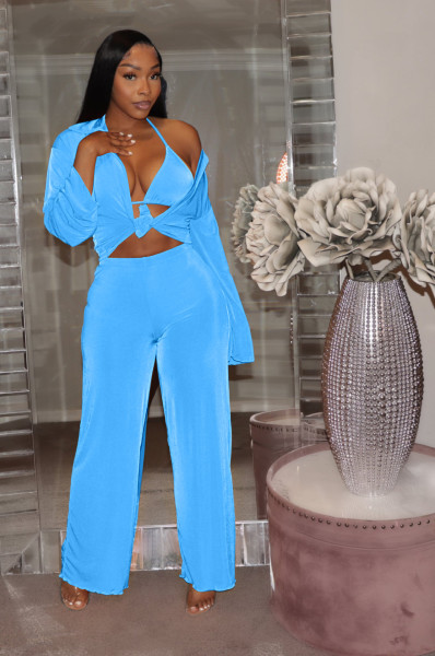 Women's autumn and winter velvet cardigan wide leg trousers sexy three piece set