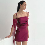 Temperament Mesh Sleeves Open Back Dress Sexy Fashion Pure Desire to Shrink Pleated Hip Wrap Dress