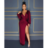 Fashion Women's Solid Pleated V-Neck Long Sleeve Dress Dress