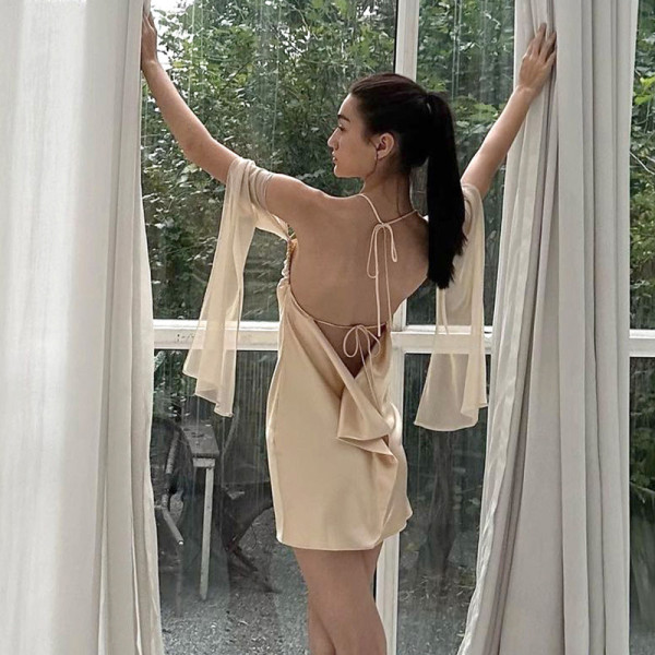 Temperament Mesh Sleeves Open Back Dress Sexy Fashion Pure Desire to Shrink Pleated Hip Wrap Dress