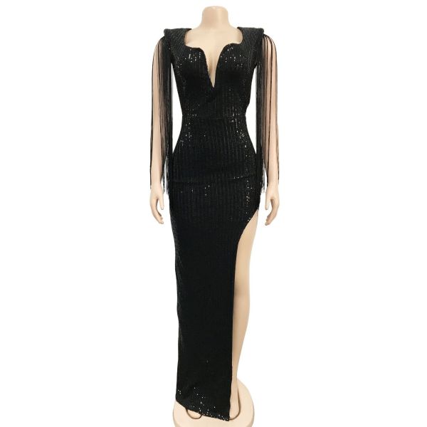 Fashion women's solid color beaded fringe sleeveless V-neck backless dress