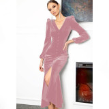 Knitted V-neck shoulder pad long sleeve dress with intellectual temperament