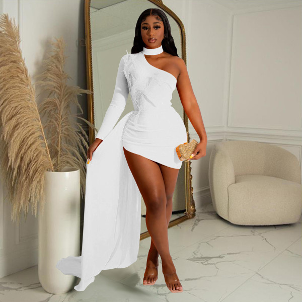 Fashion Women's Cape Feather Single Long Sleeve Oblique Shoulder Dress