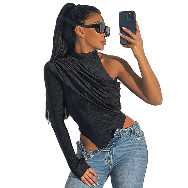 High Neck Heaps Asymmetrical Bodysuit Fashion Street Personality Slim Versatile Women's Top