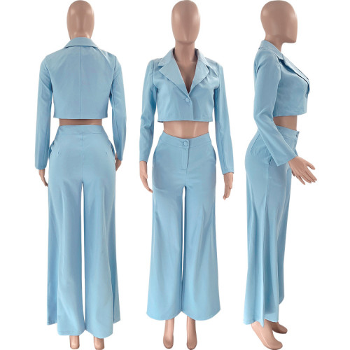 Solid color short long sleeve small suit fashion high waist wide leg pants suit