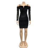 Fashion Women's Mesh Long Sleeve Off Shoulder V-Neck Velvet Strap Dress