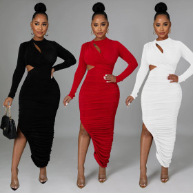 Fashion Women's Solid Pleated Round Neck Long Sleeve Long Dress Dress
